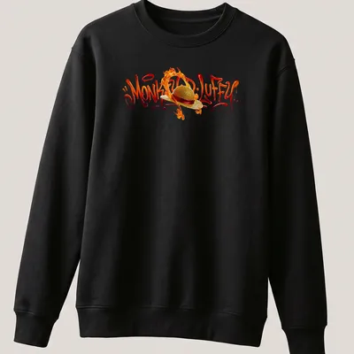Graffiti style Monkey D. Luffy t-shirt with flames in red, orange, and gold — printed on a unisex sweatshirt