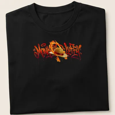 Graffiti style Monkey D. Luffy t-shirt with flames in red, orange, and gold