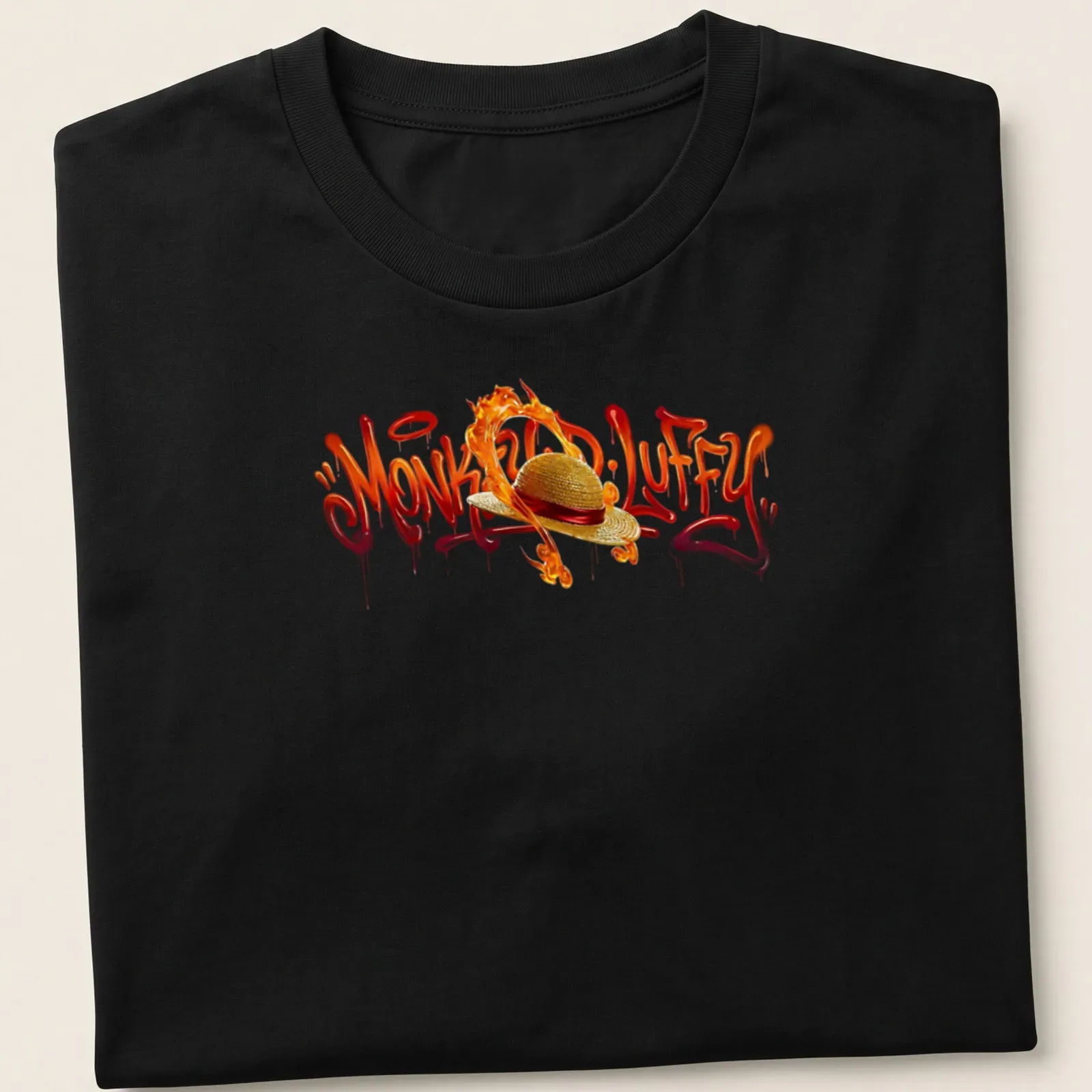 Graffiti style Monkey D. Luffy t-shirt with flames in red, orange, and gold — printed on a unisex t-shirt