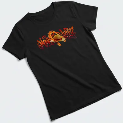 Graffiti style Monkey D. Luffy t-shirt with flames in red, orange, and gold — printed on a women's shirt