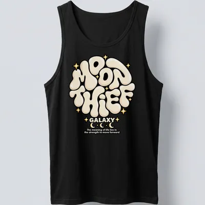 Cosmic typography shirt with the phrase about life's meaning in cream and black — printed on a tank top