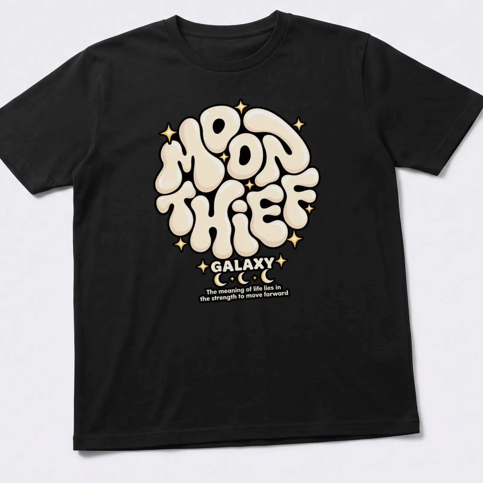 Cosmic typography shirt with the phrase about life's meaning in cream and black — printed on a unisex t-shirt