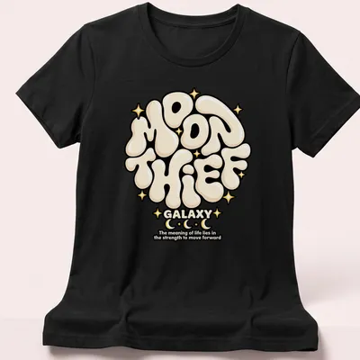 Cosmic typography shirt with the phrase about life's meaning in cream and black — printed on a women's shirt