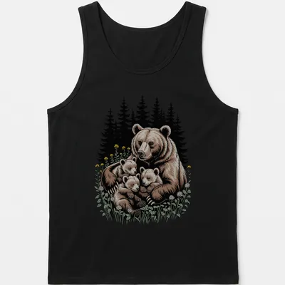 Illustration of a mother bear with her cubs in a forest setting. — printed on a tank top