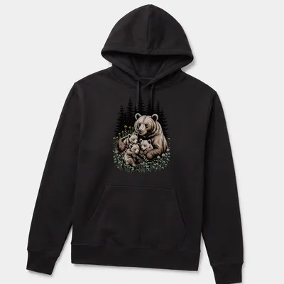 Illustration of a mother bear with her cubs in a forest setting. — printed on a unisex hoodie