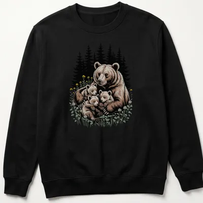 Illustration of a mother bear with her cubs in a forest setting. — printed on a unisex sweatshirt