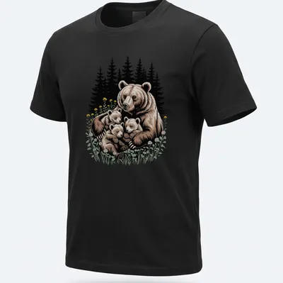Illustration of a mother bear with her cubs in a forest setting.
