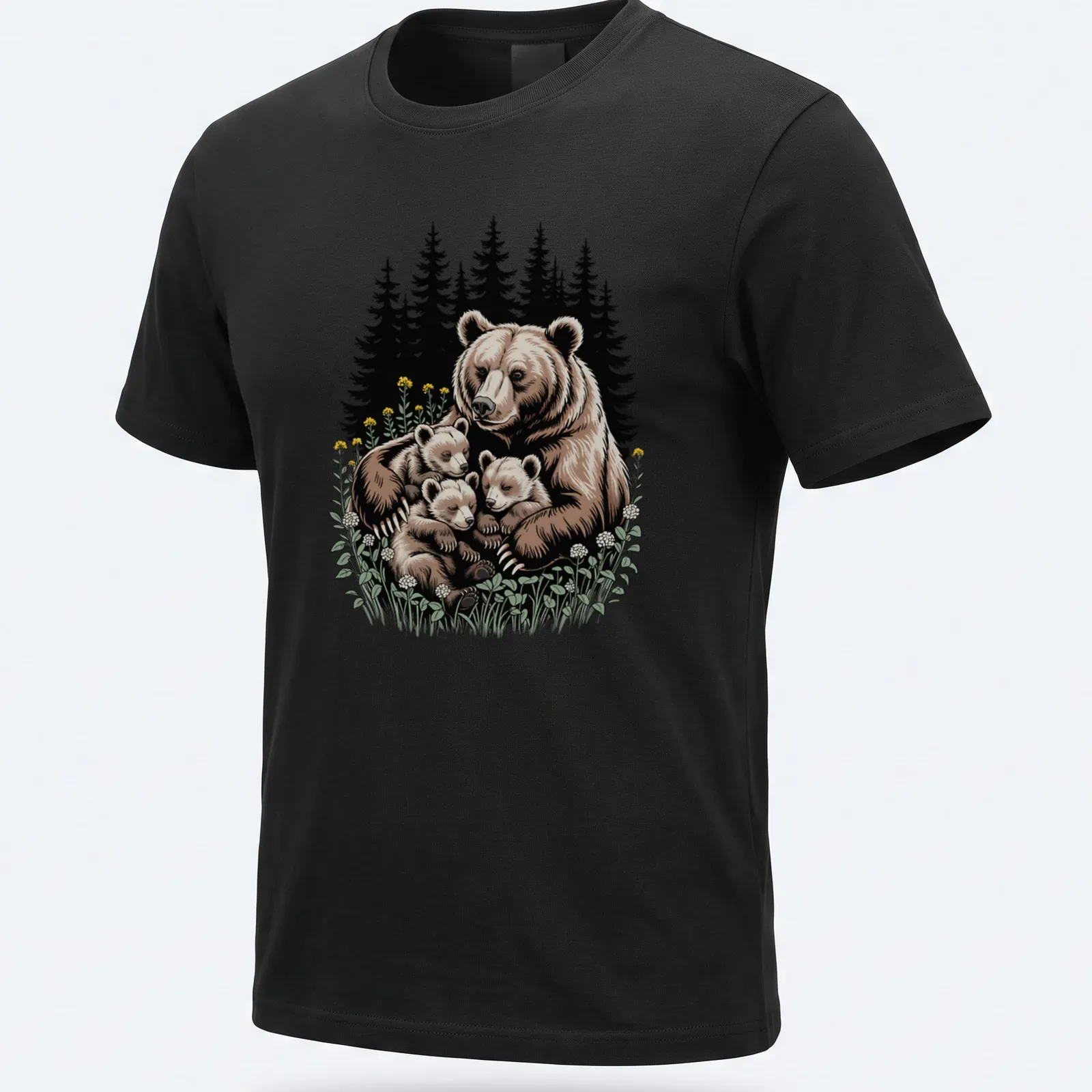 Illustration of a mother bear with her cubs in a forest setting. — printed on a unisex t-shirt