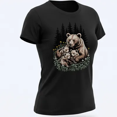 Illustration of a mother bear with her cubs in a forest setting. — printed on a women's shirt
