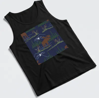 Illustration of a moose in a nature pattern with navy blue background — printed on a tank top