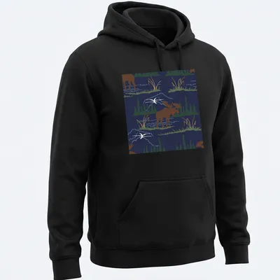 Illustration of a moose in a nature pattern with navy blue background — printed on a unisex hoodie