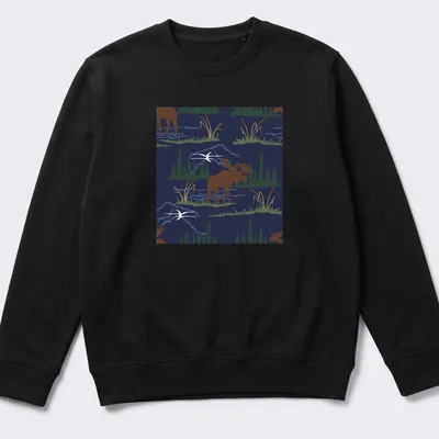 Illustration of a moose in a nature pattern with navy blue background — printed on a unisex sweatshirt