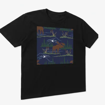 Illustration of a moose in a nature pattern with navy blue background — printed on a unisex t-shirt (angled view)