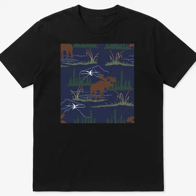 Illustration of a moose in a nature pattern with navy blue background