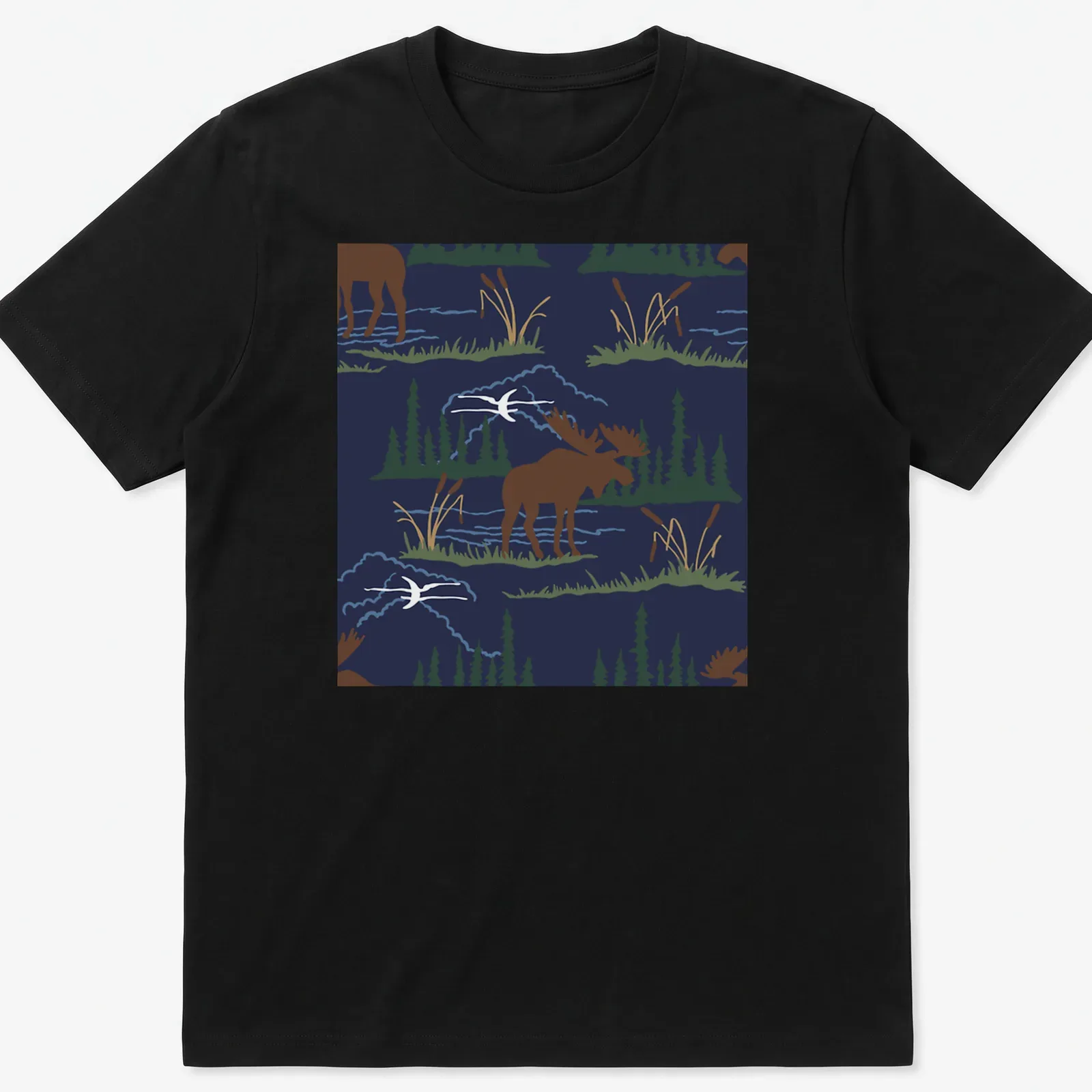 Illustration of a moose in a nature pattern with navy blue background — printed on a unisex t-shirt