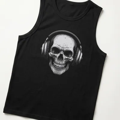 Vintage design featuring a skull with headphones and the text 'Music Forever' in black, white, and gray. — printed on a tank top