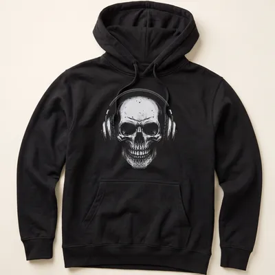 Vintage design featuring a skull with headphones and the text 'Music Forever' in black, white, and gray. — printed on a unisex hoodie