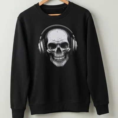 Vintage design featuring a skull with headphones and the text 'Music Forever' in black, white, and gray. — printed on a unisex sweatshirt