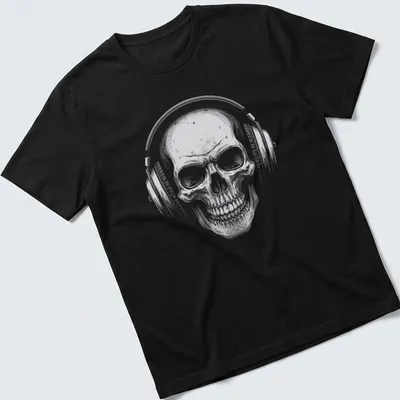 Vintage design featuring a skull with headphones and the text 'Music Forever' in black, white, and gray.