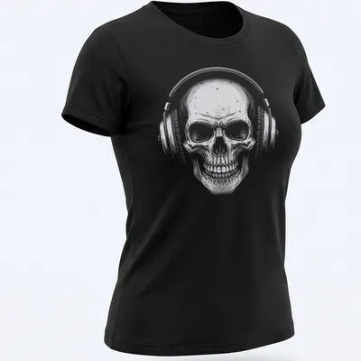 Vintage design featuring a skull with headphones and the text 'Music Forever' in black, white, and gray. — printed on a women's shirt