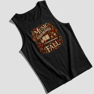 Vintage cozy tee with autumn elements surrounding a piano and fall-themed text — printed on a tank top