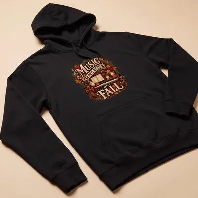 Vintage cozy tee with autumn elements surrounding a piano and fall-themed text — printed on a unisex hoodie