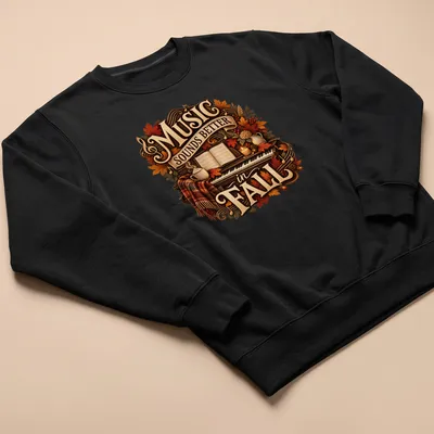 Vintage cozy tee with autumn elements surrounding a piano and fall-themed text — printed on a unisex sweatshirt