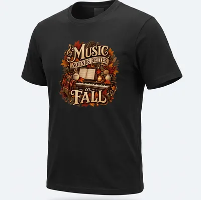 Vintage cozy tee with autumn elements surrounding a piano and fall-themed text