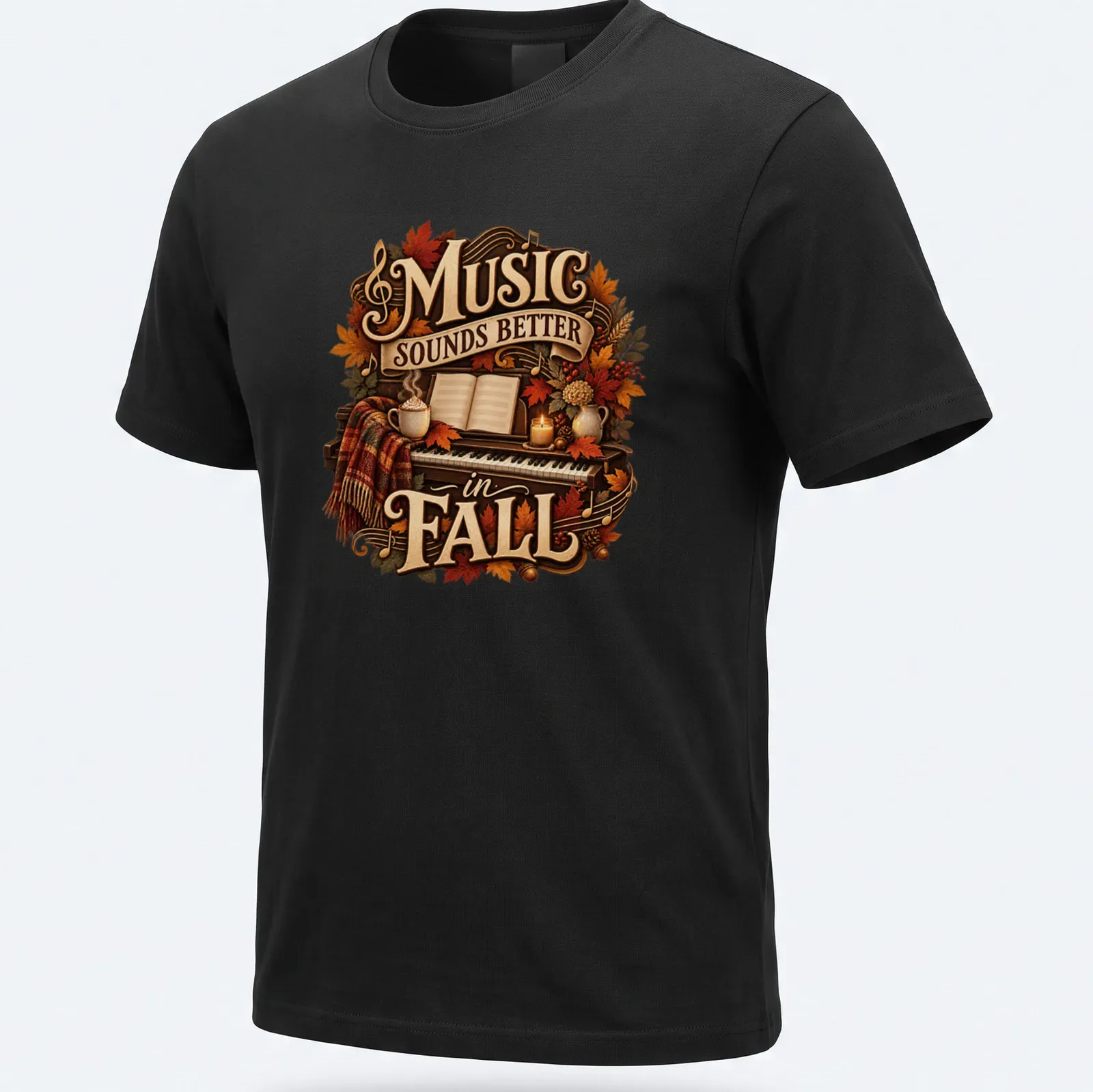 Vintage cozy tee with autumn elements surrounding a piano and fall-themed text — printed on a unisex t-shirt