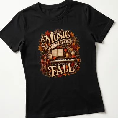 Vintage cozy tee with autumn elements surrounding a piano and fall-themed text — printed on a women's shirt