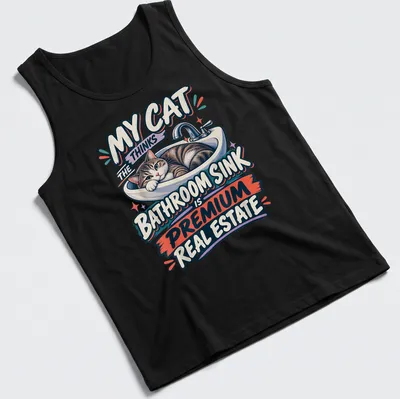 Cartoon tabby cat lounging in a bathroom sink with humorous text — printed on a tank top