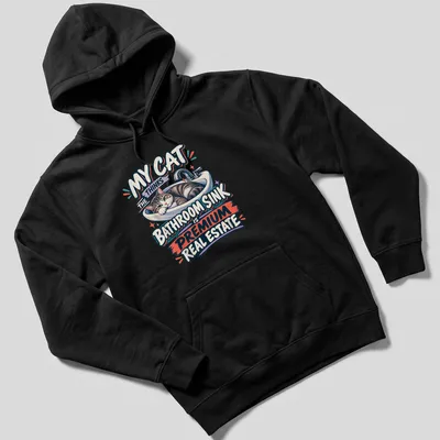 Cartoon tabby cat lounging in a bathroom sink with humorous text — printed on a unisex hoodie