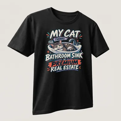 Cartoon tabby cat lounging in a bathroom sink with humorous text — printed on a unisex t-shirt (angled view)