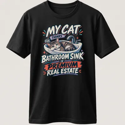 Cartoon tabby cat lounging in a bathroom sink with humorous text