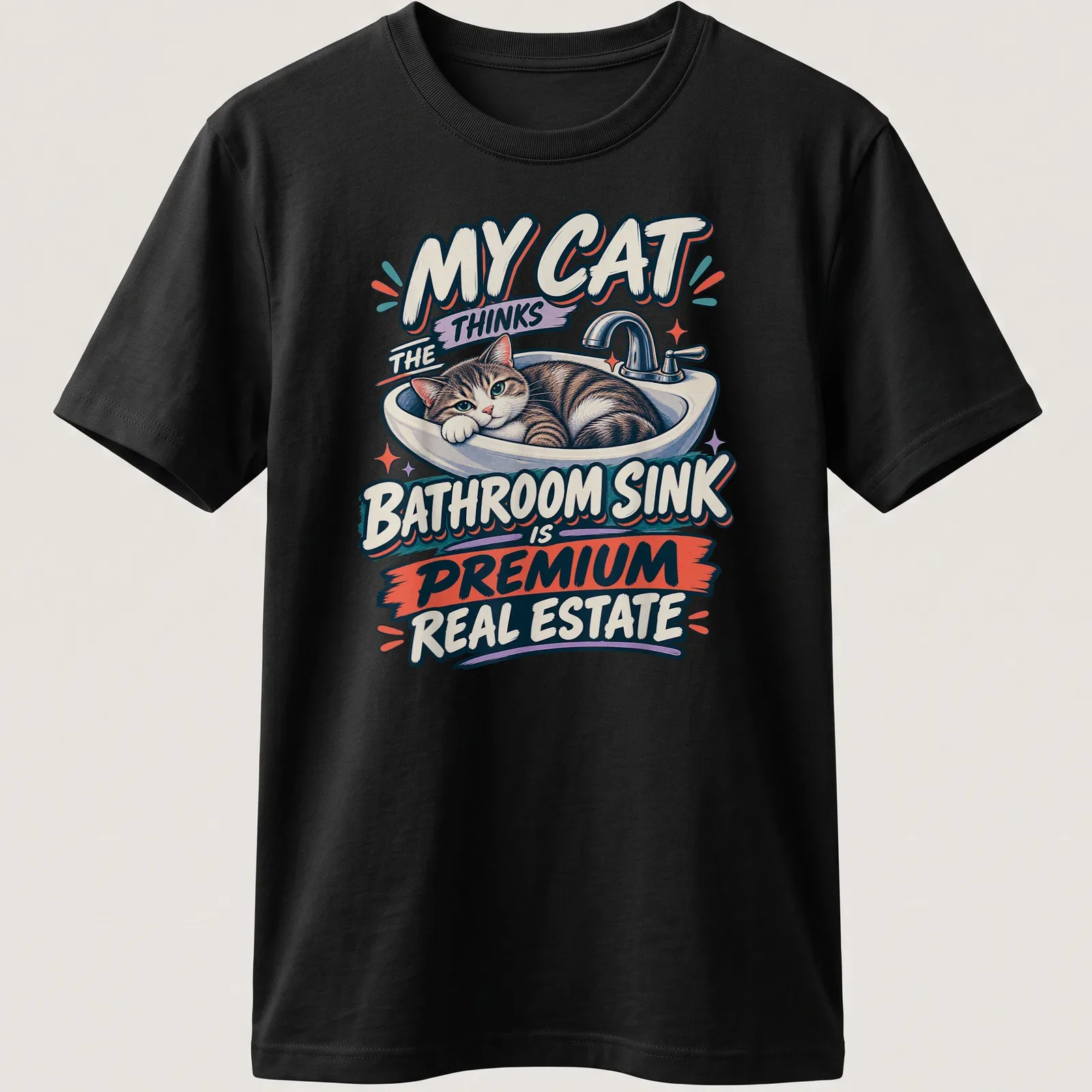 Cartoon tabby cat lounging in a bathroom sink with humorous text — printed on a unisex t-shirt
