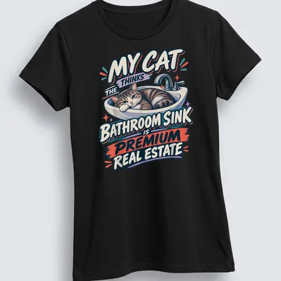 Cartoon tabby cat lounging in a bathroom sink with humorous text — printed on a women's shirt