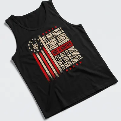 Distressed vintage t-shirt with humorous text and a skeleton hand gesture — printed on a tank top