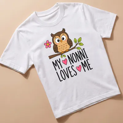 Kawaii cartoon owl design with text 'MY ♥ NONNI LOVES ♥ ME' in colorful lettering