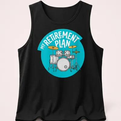 Cartoon style t-shirt featuring a drum set and humorous text about retirement plans — printed on a tank top