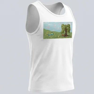 Digital painting of a tree next to a pond in serene colors — printed on a tank top