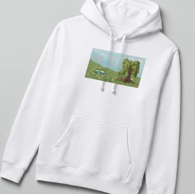 Digital painting of a tree next to a pond in serene colors — printed on a unisex hoodie