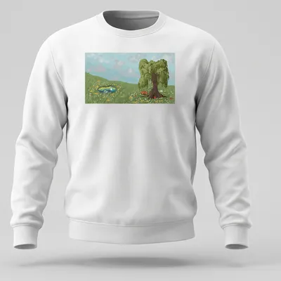 Digital painting of a tree next to a pond in serene colors — printed on a unisex sweatshirt