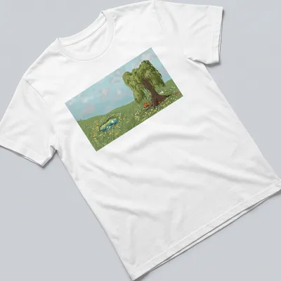 Digital painting of a tree next to a pond in serene colors