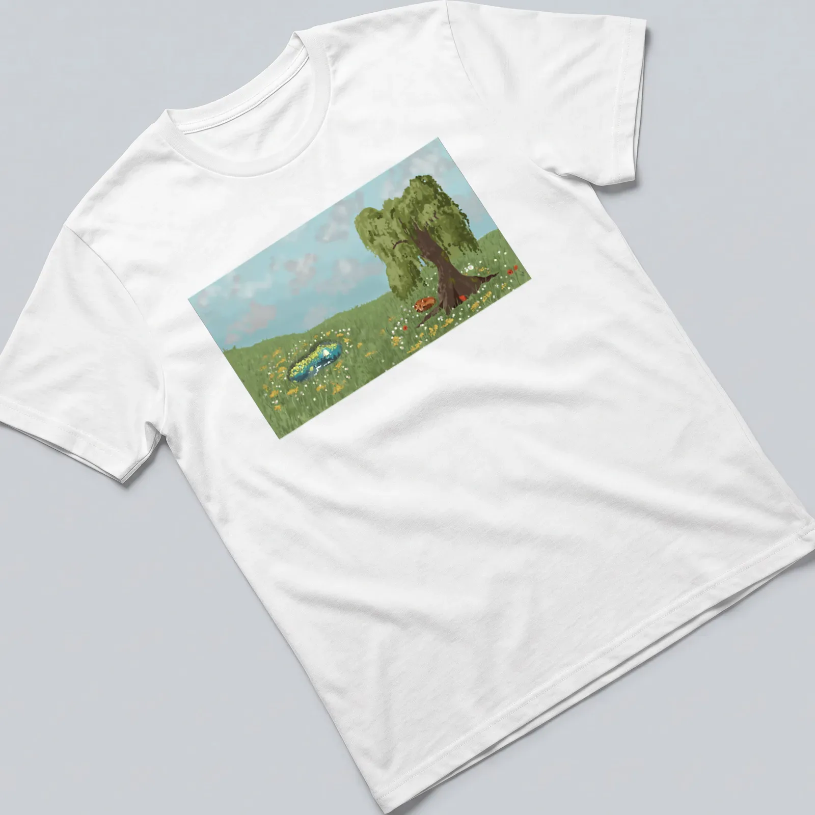 Digital painting of a tree next to a pond in serene colors — printed on a unisex t-shirt