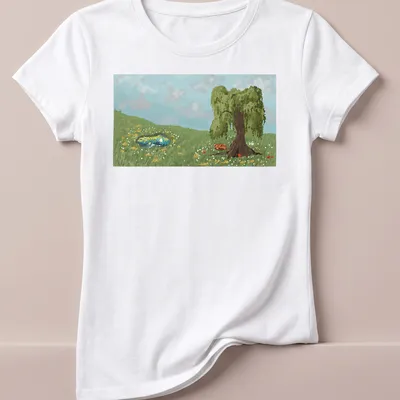 Digital painting of a tree next to a pond in serene colors — printed on a women's shirt
