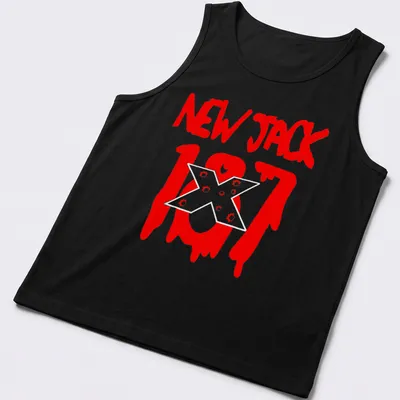 Retro 90s aesthetic t-shirt featuring stylized 'NEW JACK 107' text in red and white. — printed on a tank top