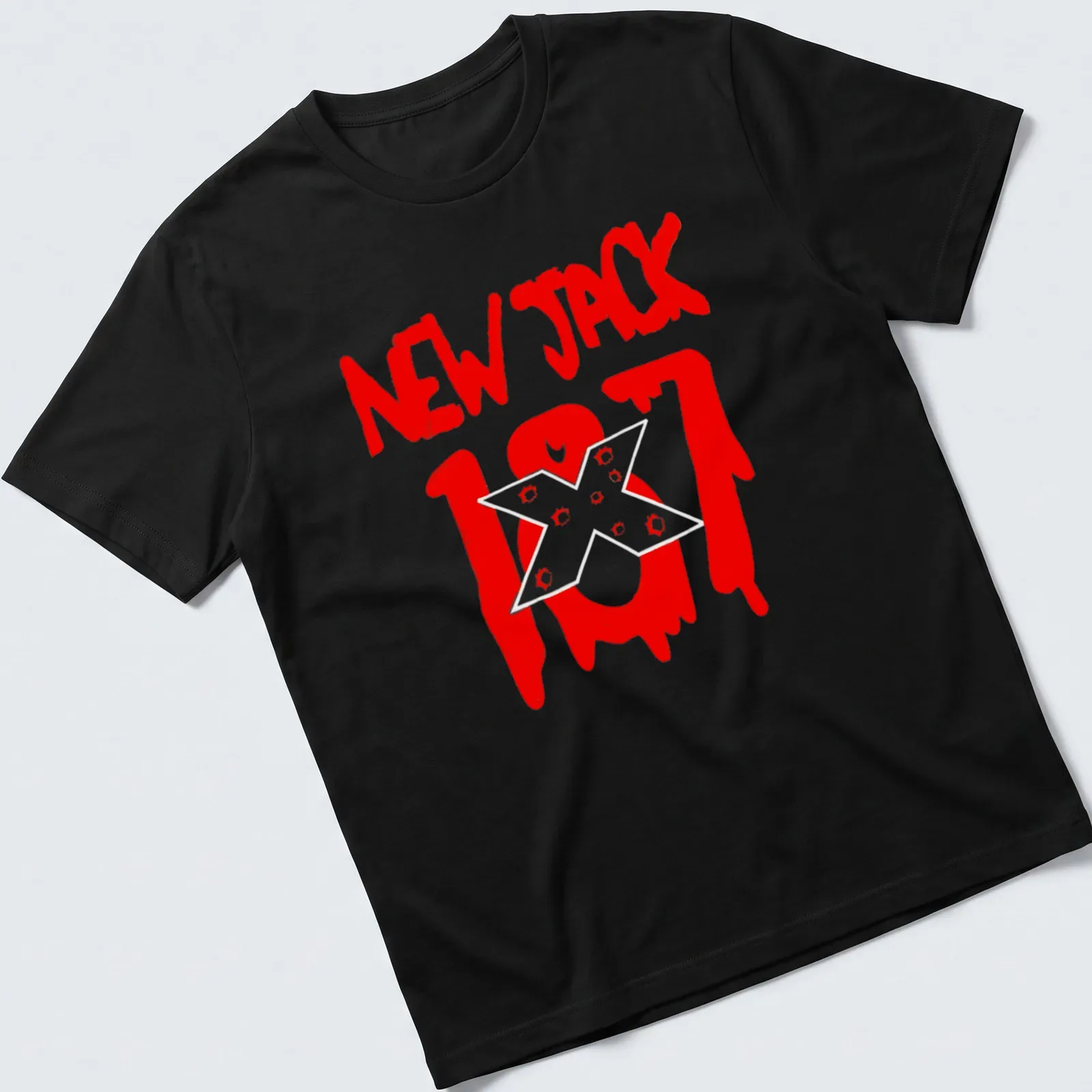 Retro 90s aesthetic t-shirt featuring stylized 'NEW JACK 107' text in red and white. — printed on a unisex t-shirt