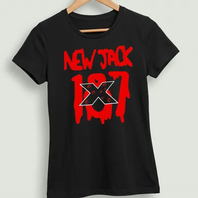 Retro 90s aesthetic t-shirt featuring stylized 'NEW JACK 107' text in red and white. — printed on a women's shirt