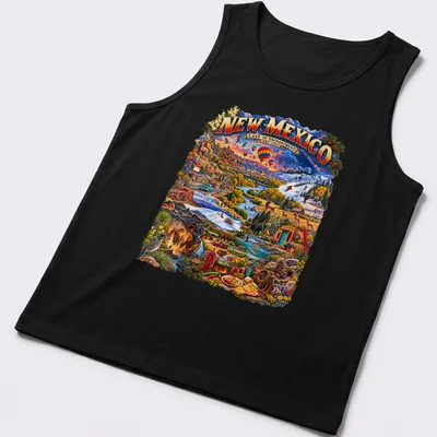 Vintage travel t-shirt featuring New Mexico landscape and attractions. — printed on a tank top