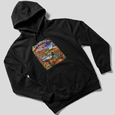 Vintage travel t-shirt featuring New Mexico landscape and attractions. — printed on a unisex hoodie